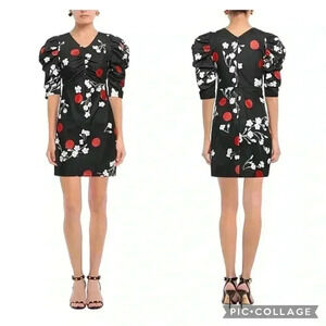 ISA AFREN Black Floral Puffy Sleeves Cinched Bodice Dress Size UK 10 US 6